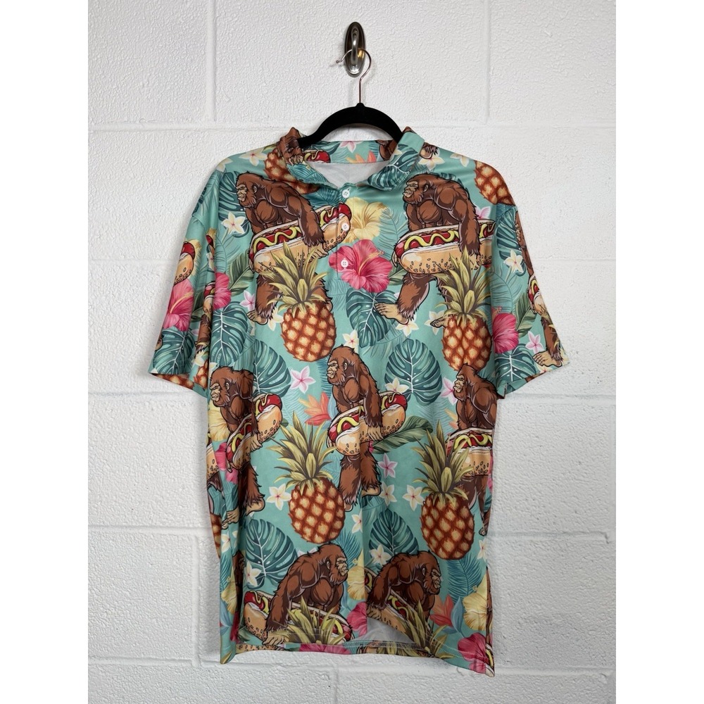 Bigfoot Hawaiian Shirt Sasquatch BBQ Hot Dog Pineapple Tropical M